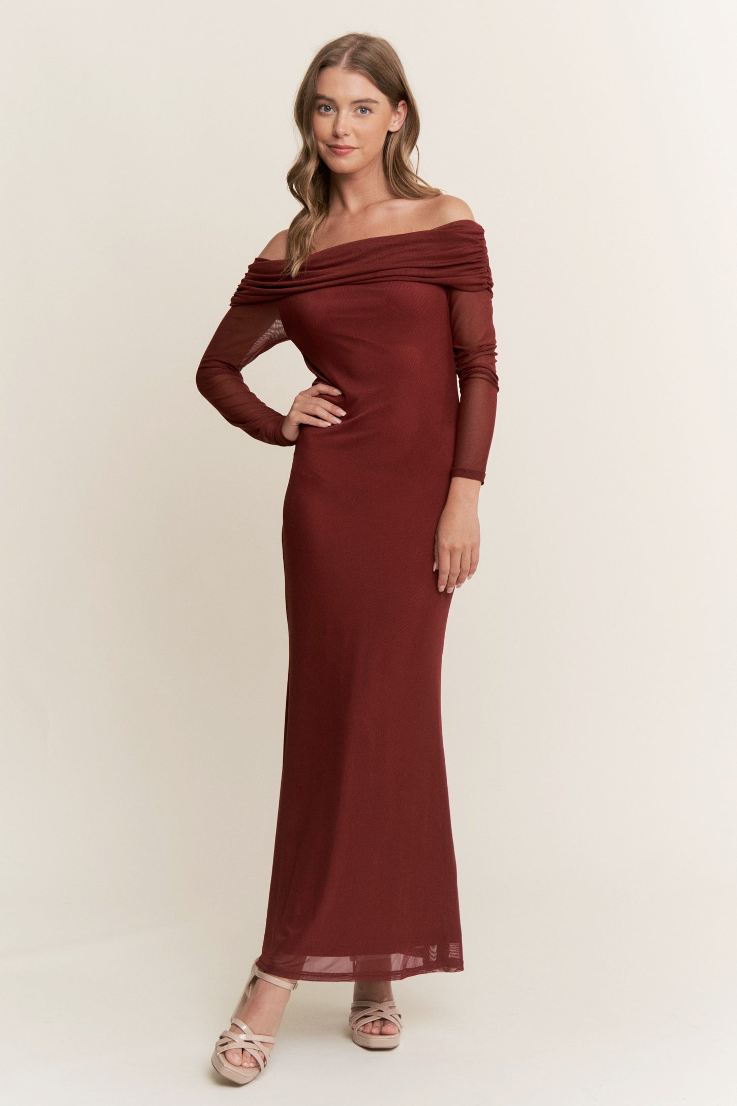 Burgundy Mesh Off Shoulder Long Sleeve Maxi Dress