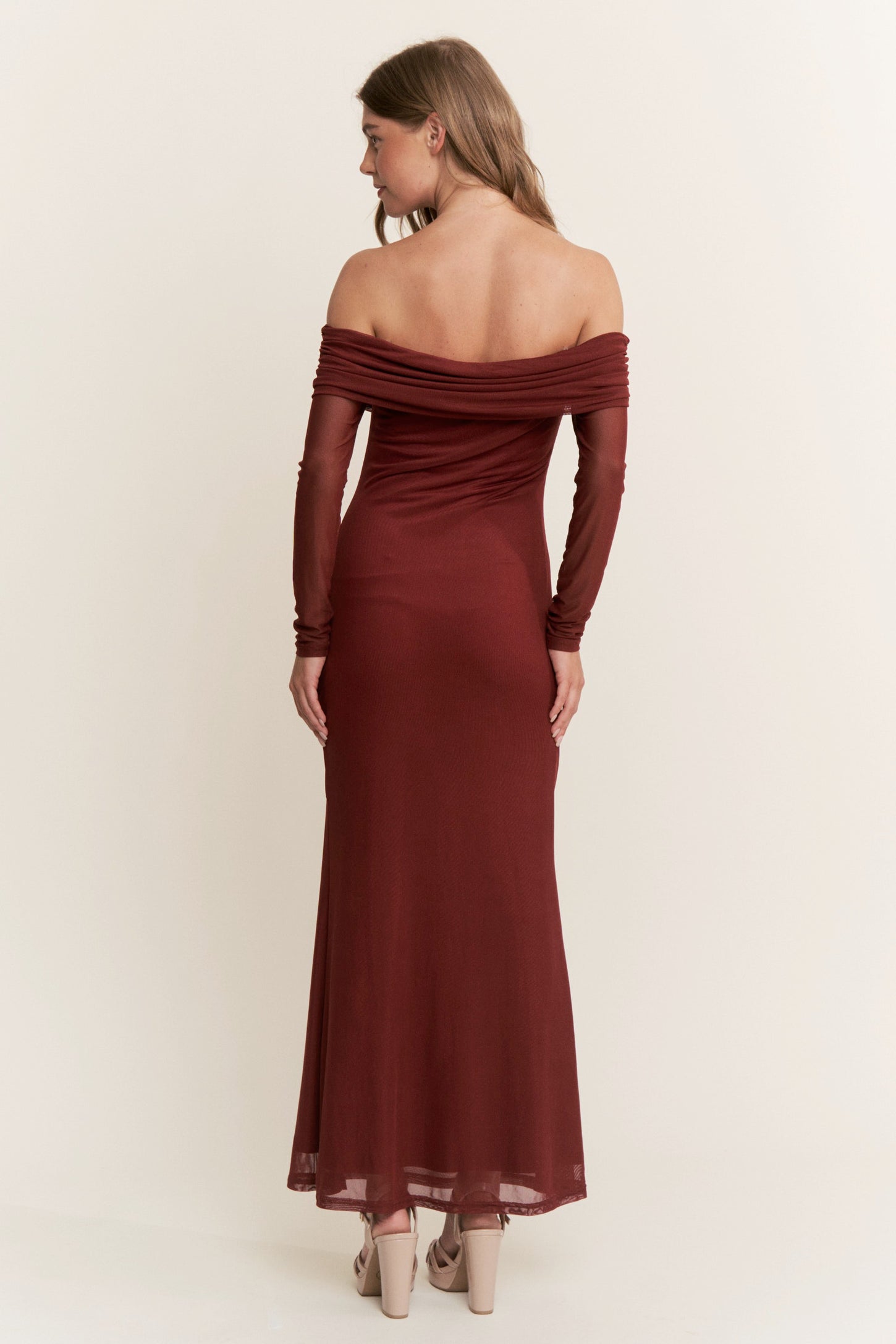 Burgundy Mesh Off Shoulder Long Sleeve Maxi Dress