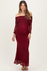 Burgundy Mesh Off Shoulder Long Sleeve Maternity Maxi Dress