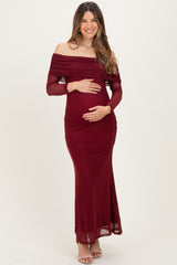 Burgundy Mesh Off Shoulder Long Sleeve Maternity Maxi Dress