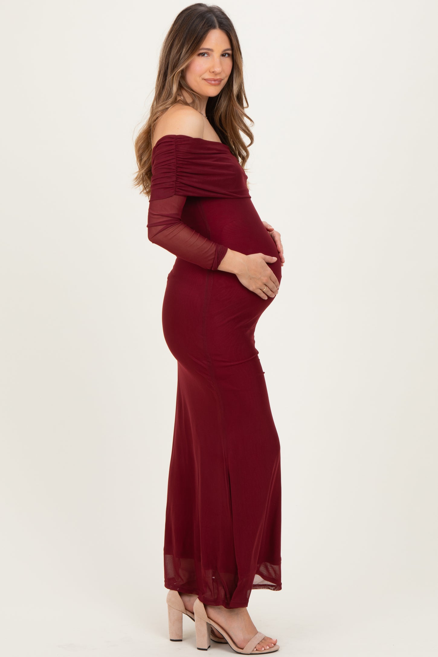 Burgundy Mesh Off Shoulder Long Sleeve Maternity Maxi Dress