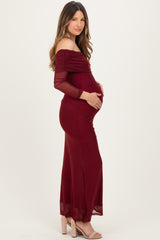 Burgundy Mesh Off Shoulder Long Sleeve Maternity Maxi Dress
