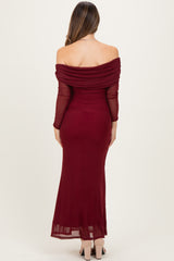 Burgundy Mesh Off Shoulder Long Sleeve Maternity Maxi Dress