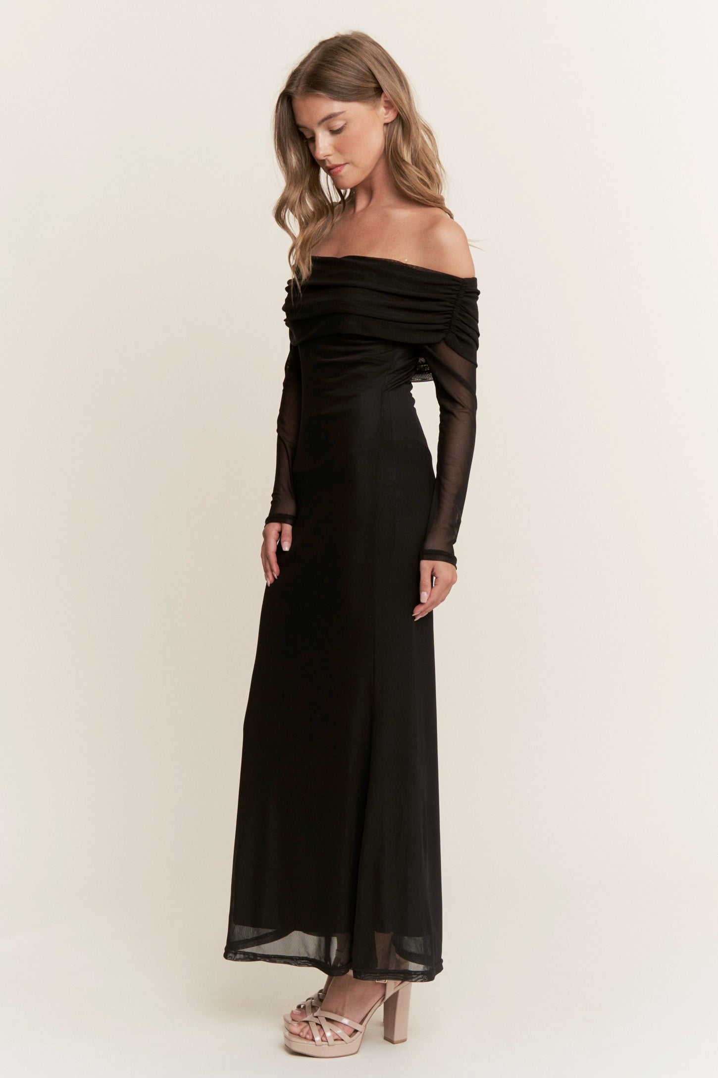 Black Mesh Off Shoulder Long Sleeve Maxi Dress Black Mesh Off Shoulder Long Sleeve Maxi Dress