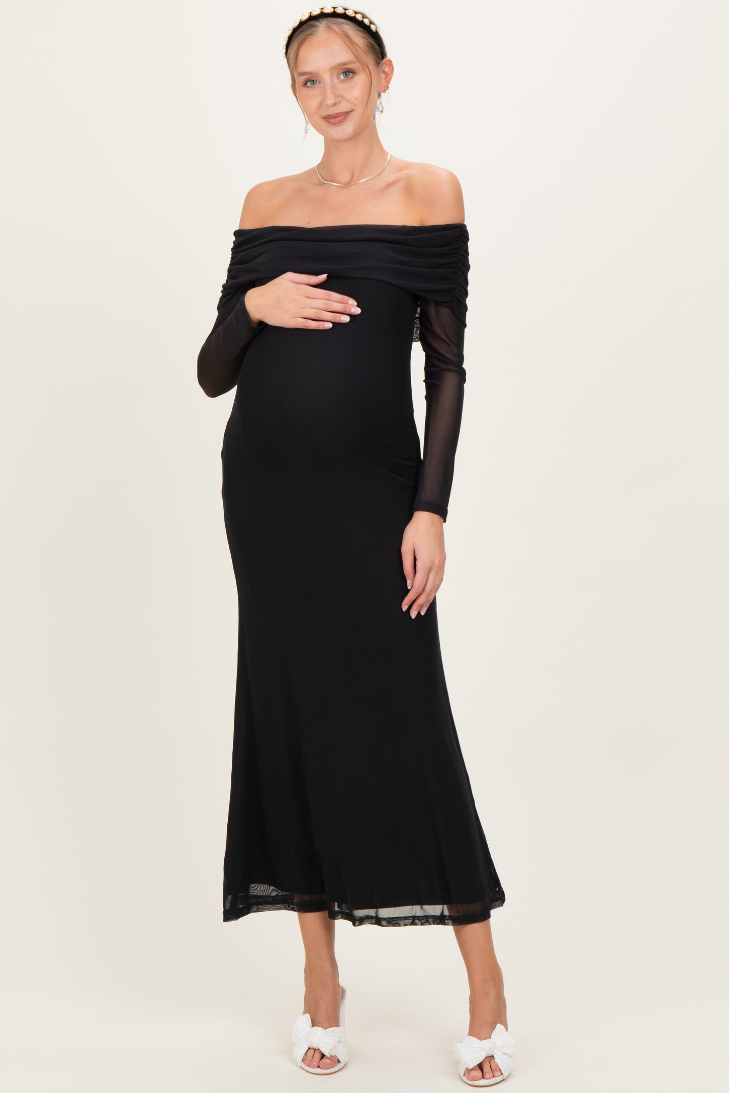 Black Mesh Off Shoulder Long Sleeve Maternity Maxi Dress