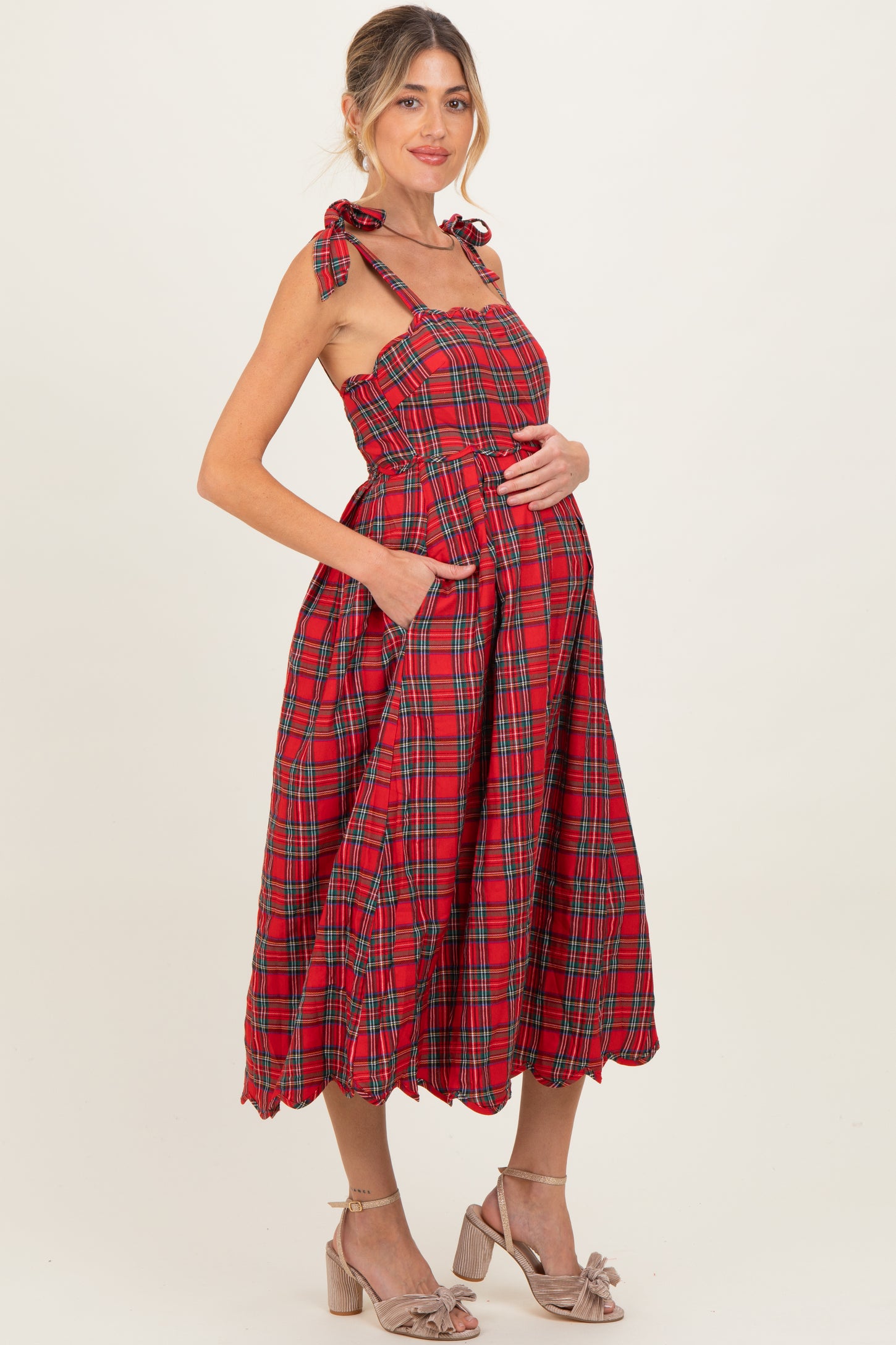 red plaid midi dress Plaid Silky Tier Midi Dress