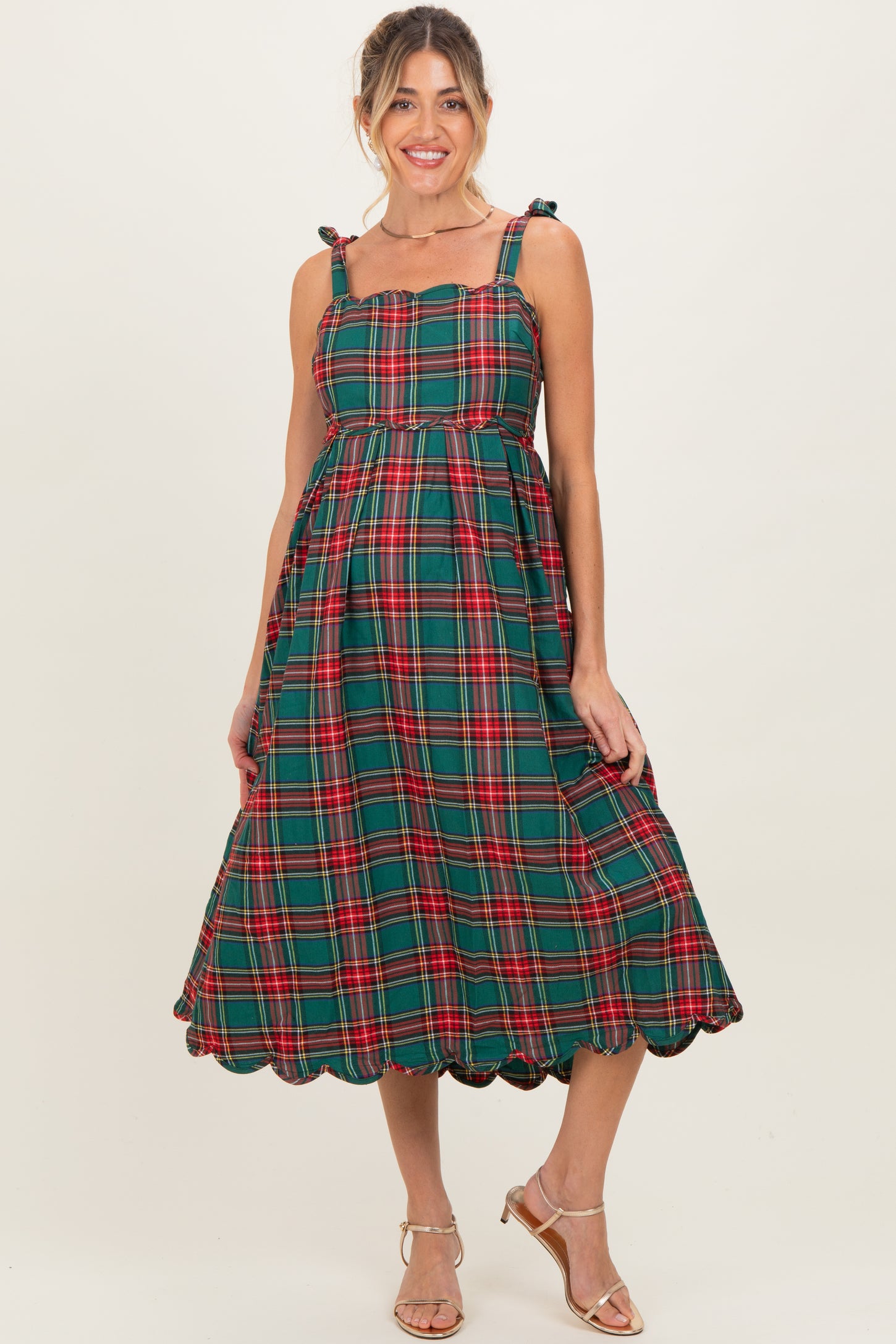Green Plaid Shoulder Tie Scallop Hem Maternity Midi Dress