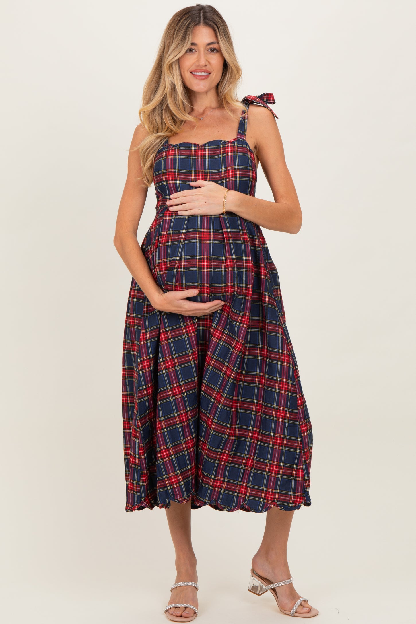 Navy Plaid Shoulder Tie Scallop Hem Maternity Midi Dress