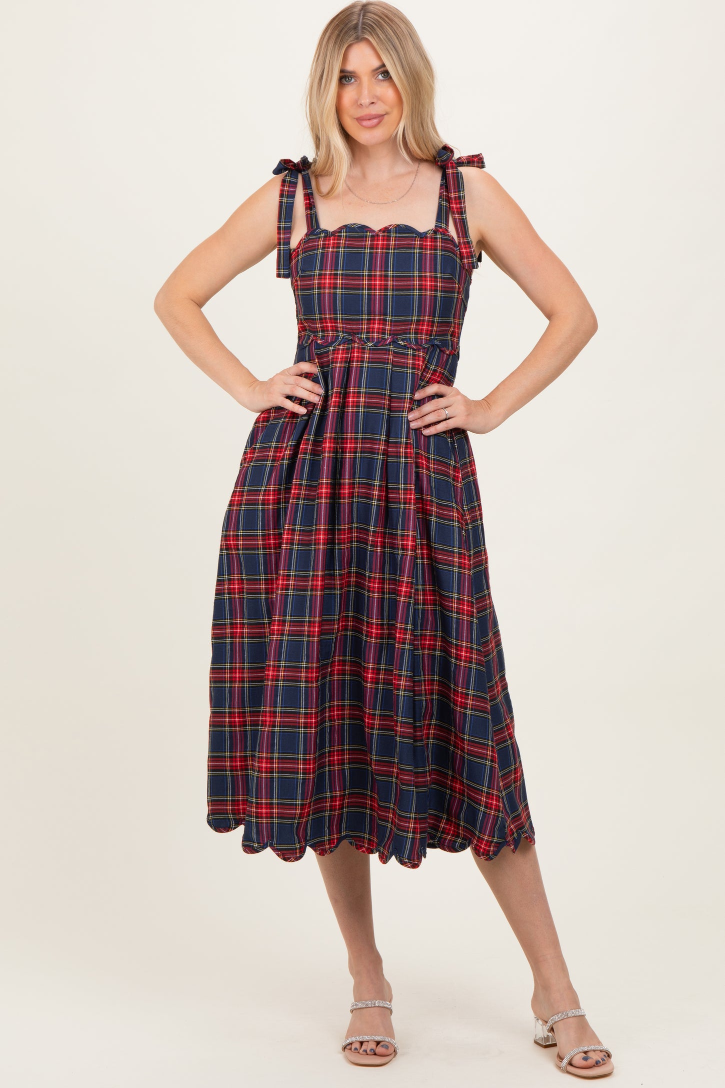 Navy Plaid Shoulder Tie Scallop Hem Midi Dress