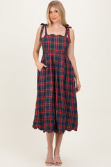 Navy Plaid Shoulder Tie Scallop Hem Midi Dress
