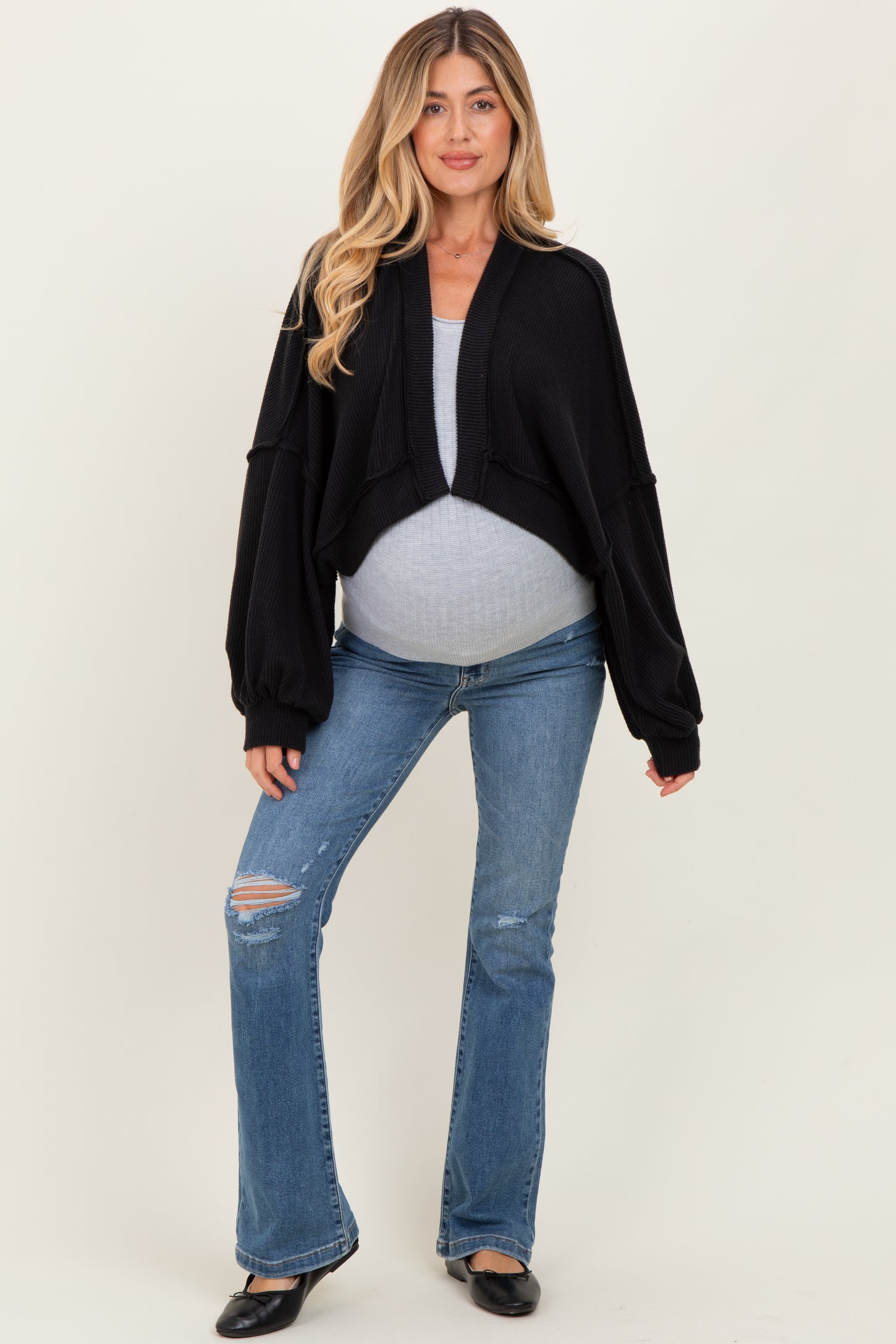 Black Solid Ribbed Long Sleeve Cropped Maternity Cardigan