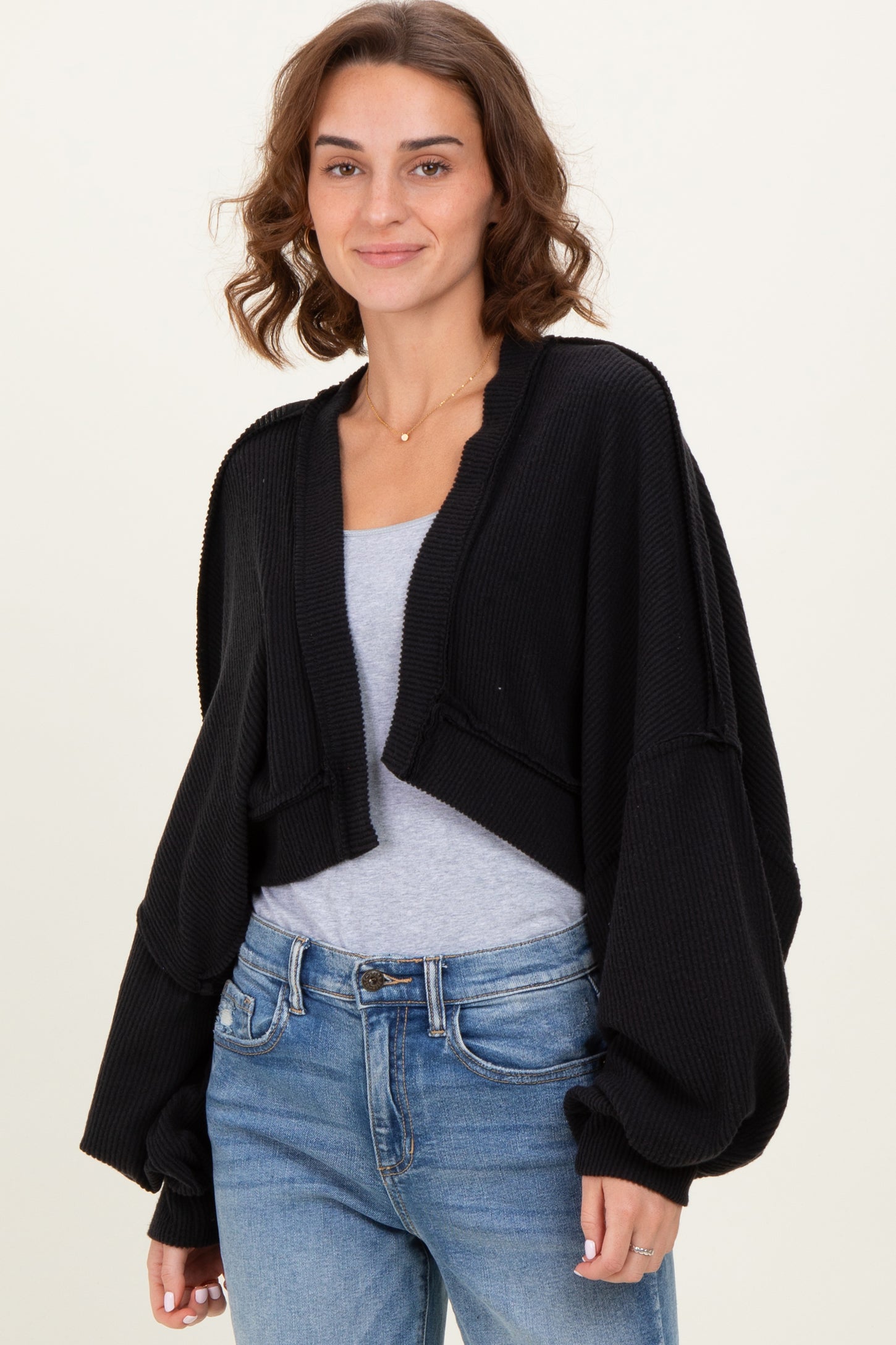Black Solid Ribbed Long Sleeve Cropped Cardigan