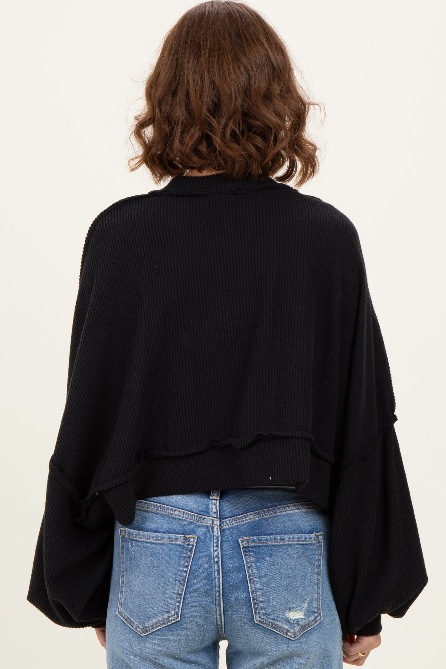 Black Solid Ribbed Long Sleeve Cropped Cardigan