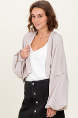 Beige Solid Ribbed Long Sleeve Cropped Cardigan