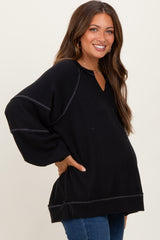 Black Solid Rib Long Sleeve V-Neck Oversized Maternity Tunic Top