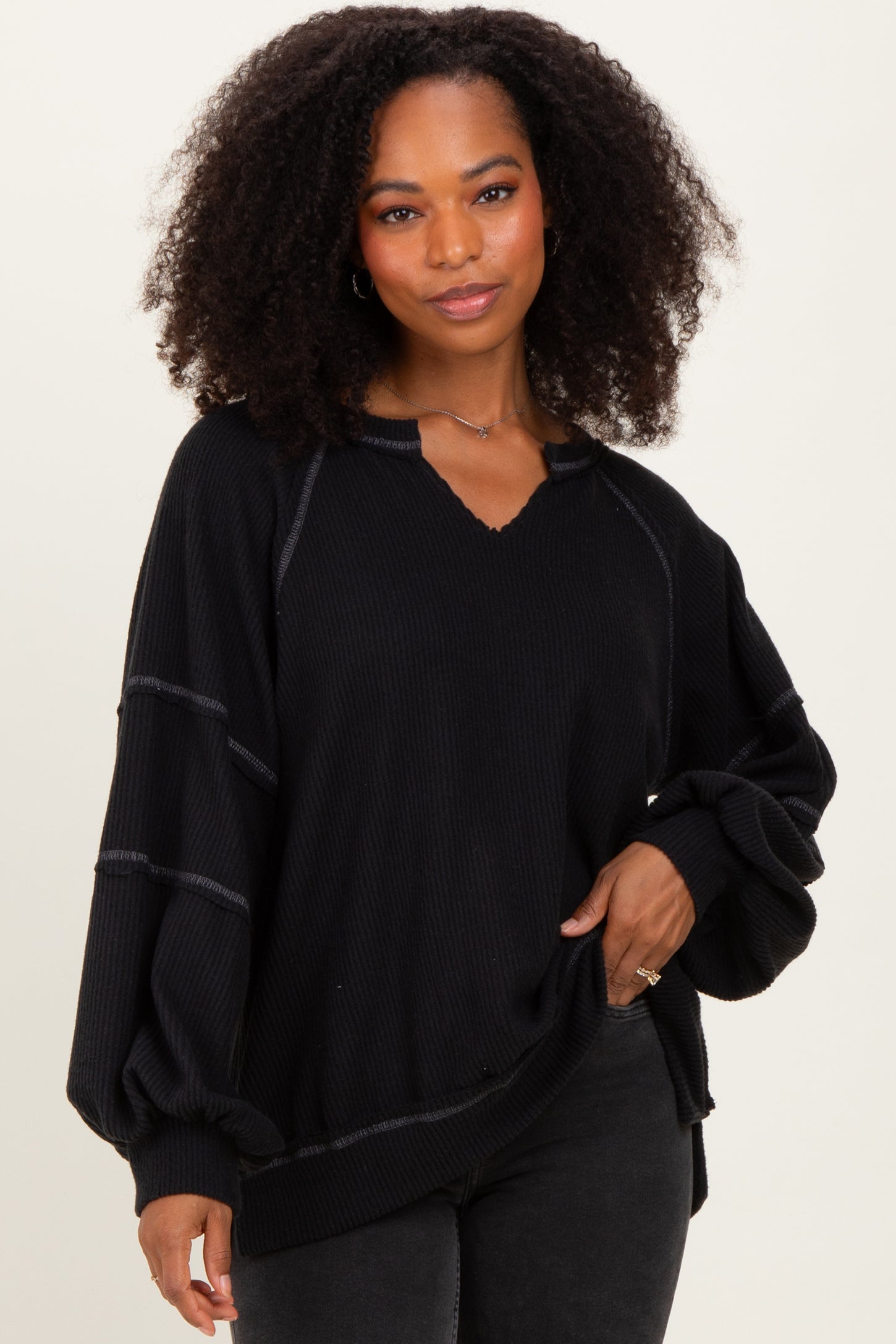 Black Solid Rib Long Sleeve V-Neck Oversized Tunic Top