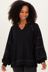 Black Solid Rib Long Sleeve V-Neck Oversized Tunic Top