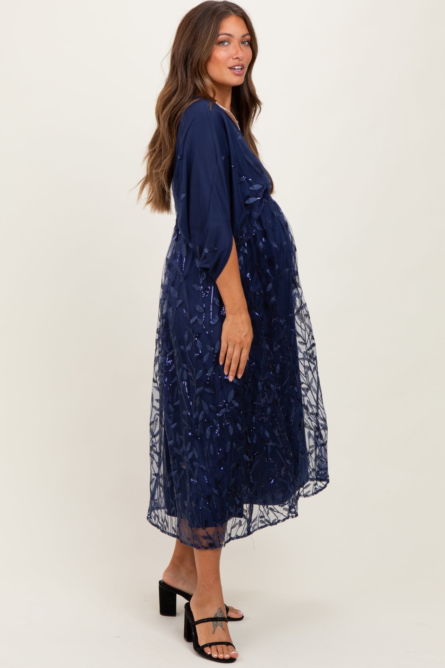 Navy Embroidered Tulle Dolman V-Neck Maternity Midi Dress PinkBlush Navy Embroidered Tulle Dolman V-Neck Maternity Midi Dress PinkBlush