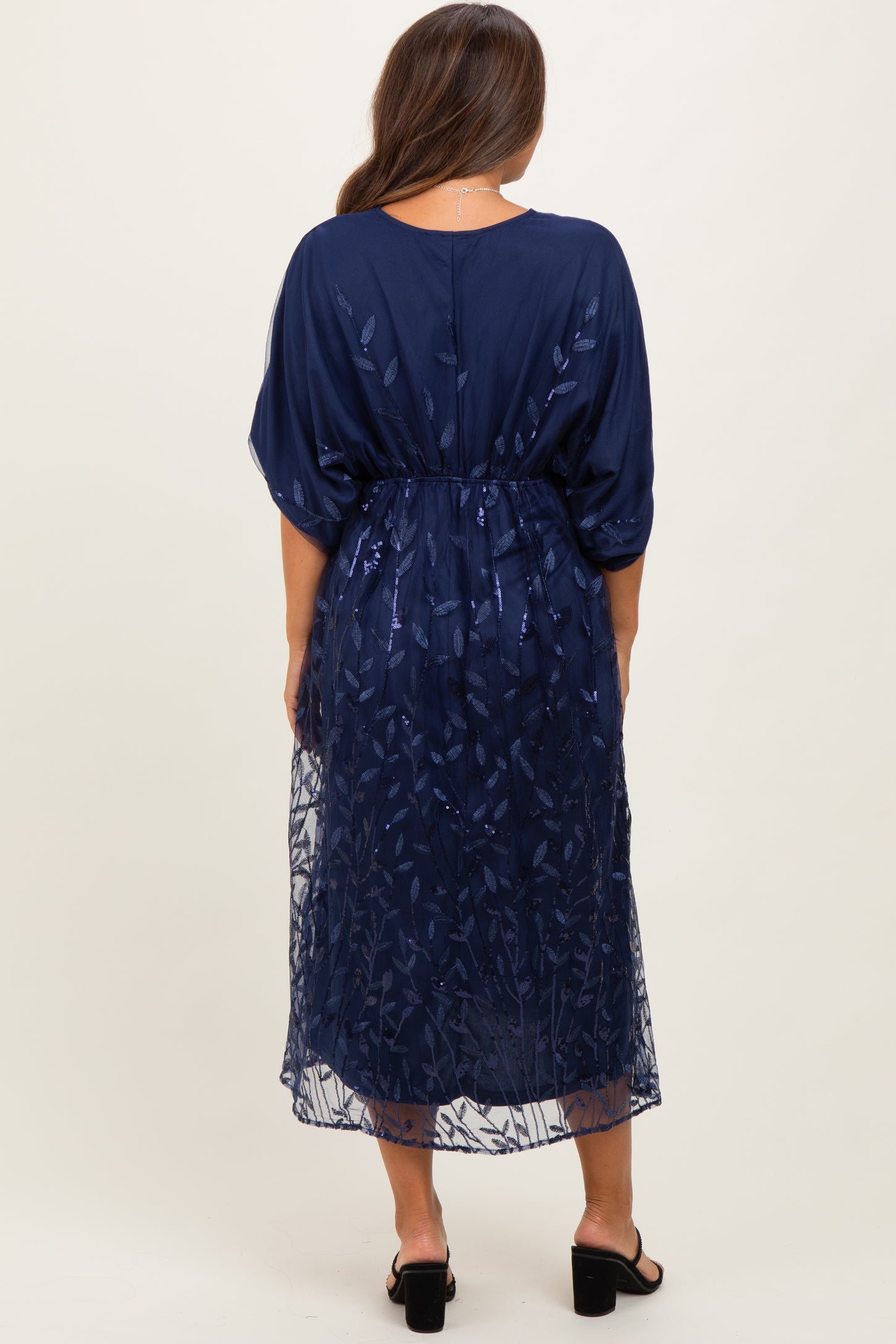 Navy Embroidered Tulle Dolman V-Neck Maternity Midi Dress Navy Embroidered Tulle Dolman V-Neck Maternity Midi Dress