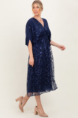 Navy Embroidered Tulle Dolman V-Neck Midi Dress