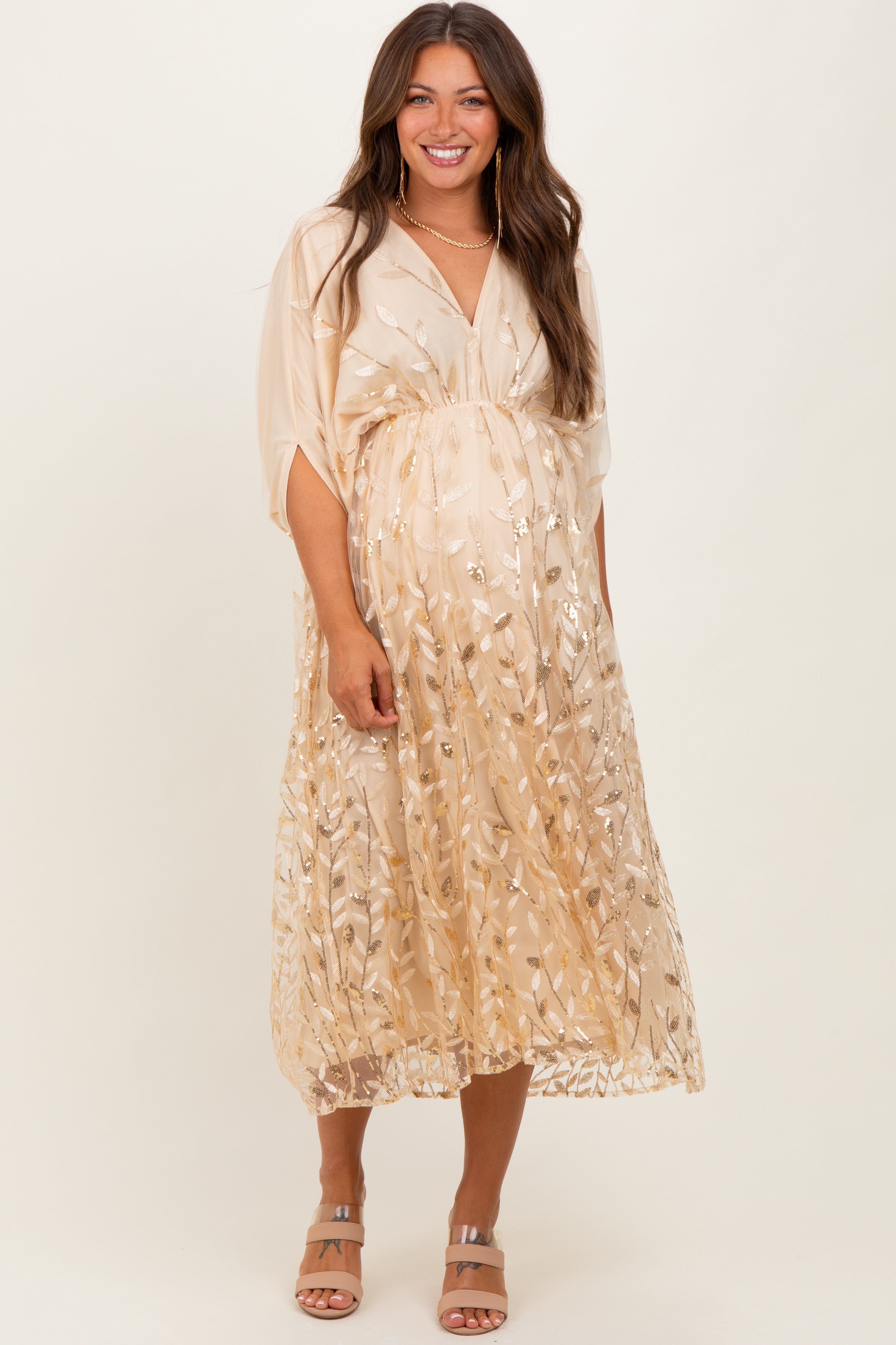 Light Gold Embroidered Tulle Dolman V-Neck Maternity Midi Dress – PinkBlush