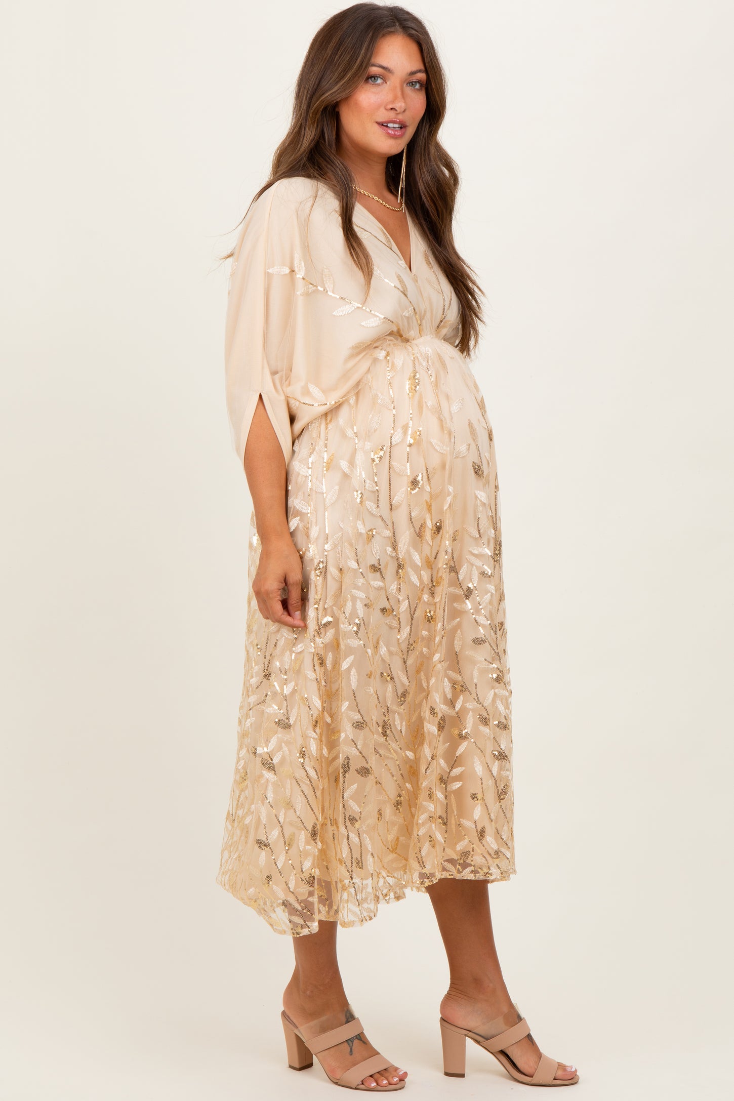 Light Gold Embroidered Tulle Dolman V-Neck Maternity Midi Dress – PinkBlush