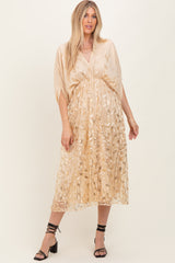Light Gold Embroidered Tulle Dolman V-Neck Midi Dress