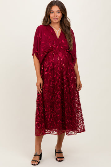 Burgundy Embroidered Tulle Dolman V-Neck Maternity Midi Dress