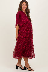 Burgundy Embroidered Tulle Dolman V-Neck Maternity Midi Dress