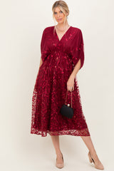 Burgundy Embroidered Tulle Dolman V-Neck Midi Dress