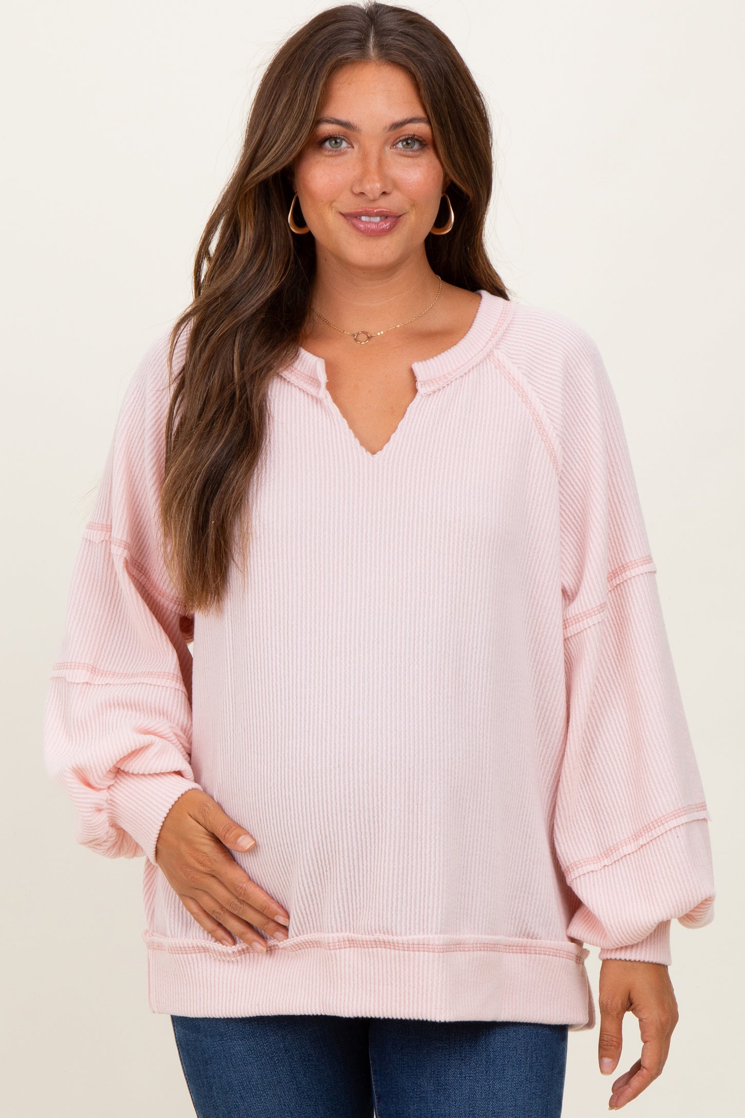 Light Pink Solid Rib Long Sleeve V-Neck Oversized Maternity Tunic Top