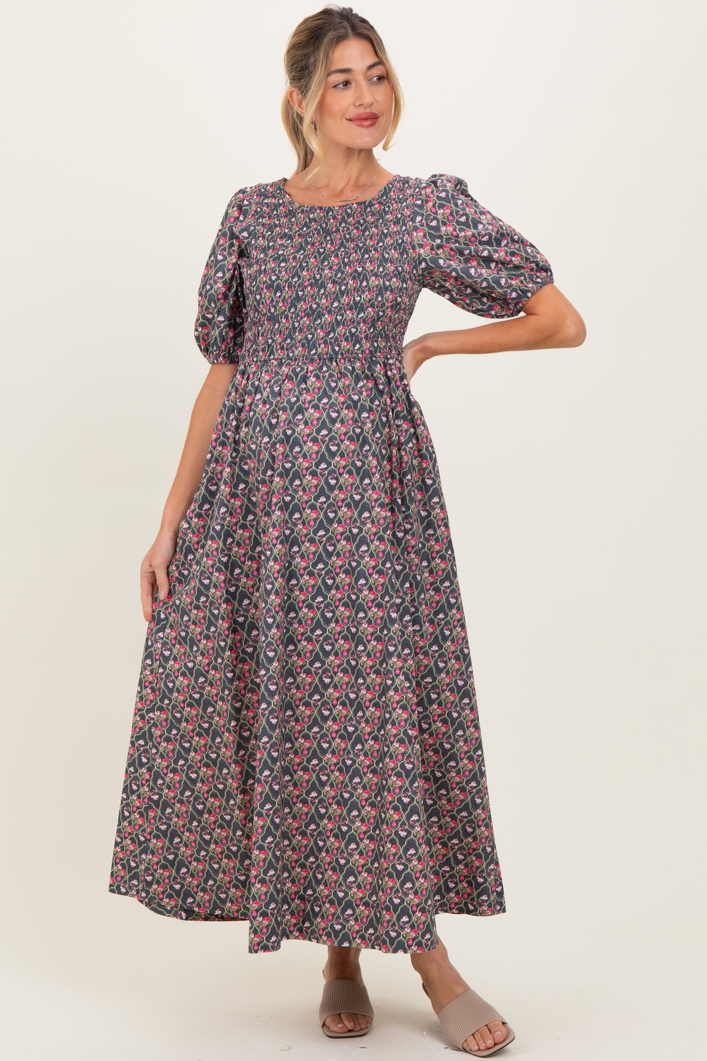 Grey Floral Smocked Puff Sleeve Maternity Maxi Dress