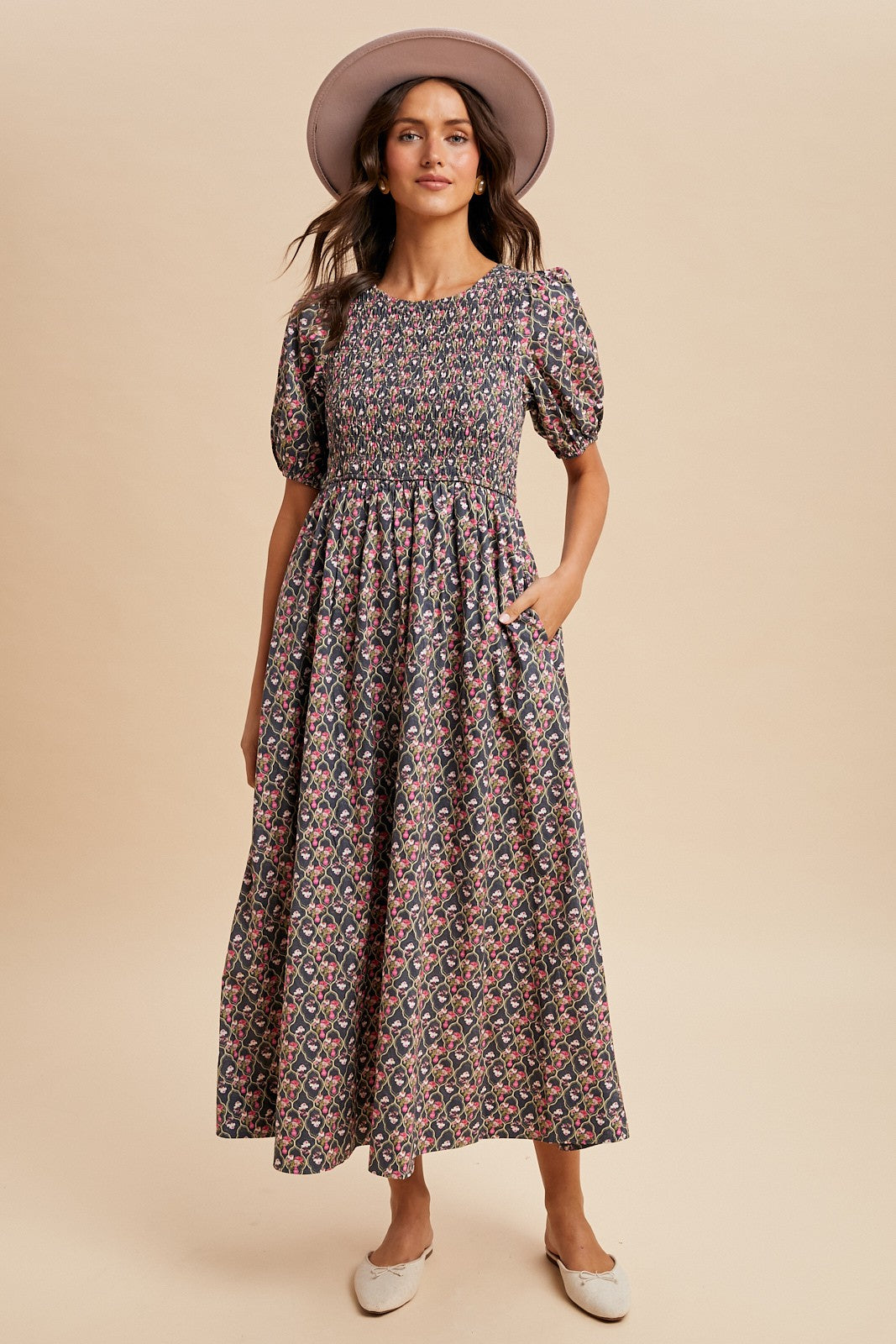 Grey Floral Smocked Puff Sleeve Maternity Maxi Dress