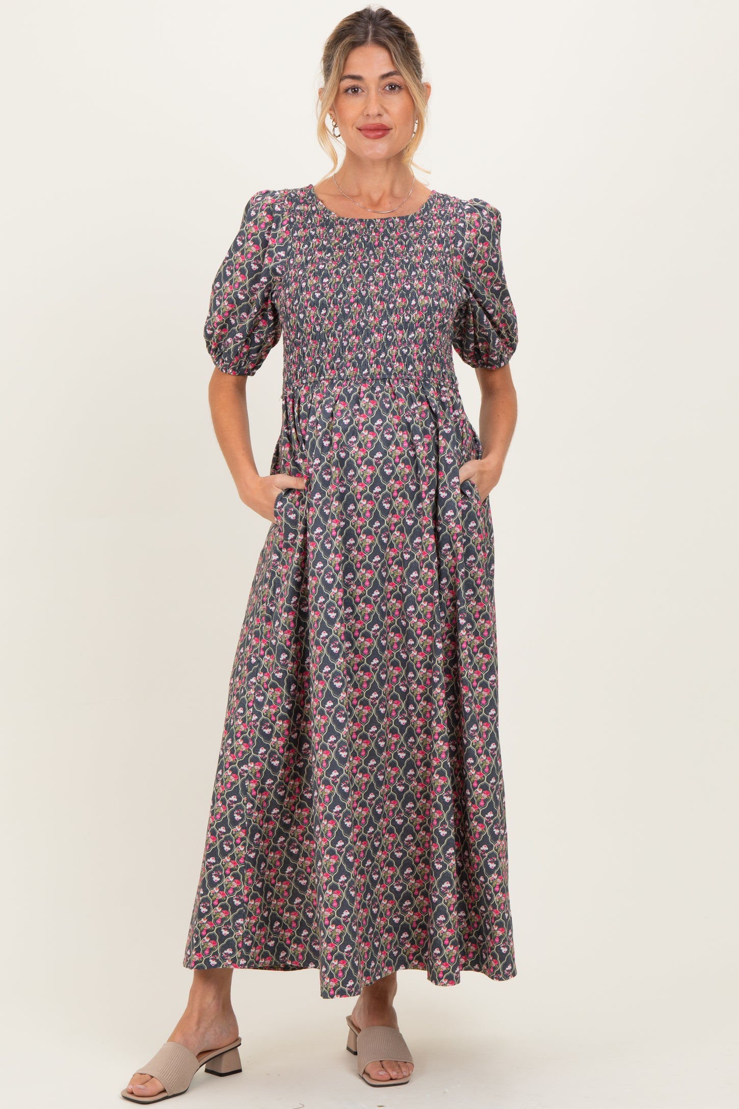 Grey Floral Smocked Puff Sleeve Maternity Maxi Dress