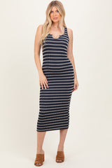 Navy Stripe Ribbed Sleeveless V Neck Maxi Dress