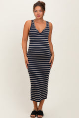 Navy Stripe Ribbed Sleeveless V Neck Maternity Maxi Dress