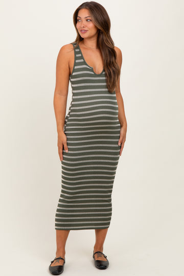 Olive Stripe Ribbed Sleeveless V Neck Maternity Maxi Dress