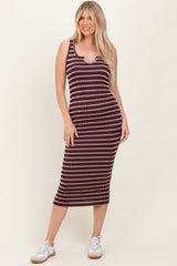 Burgundy Stripe Ribbed Sleeveless V Neck Maxi Dress