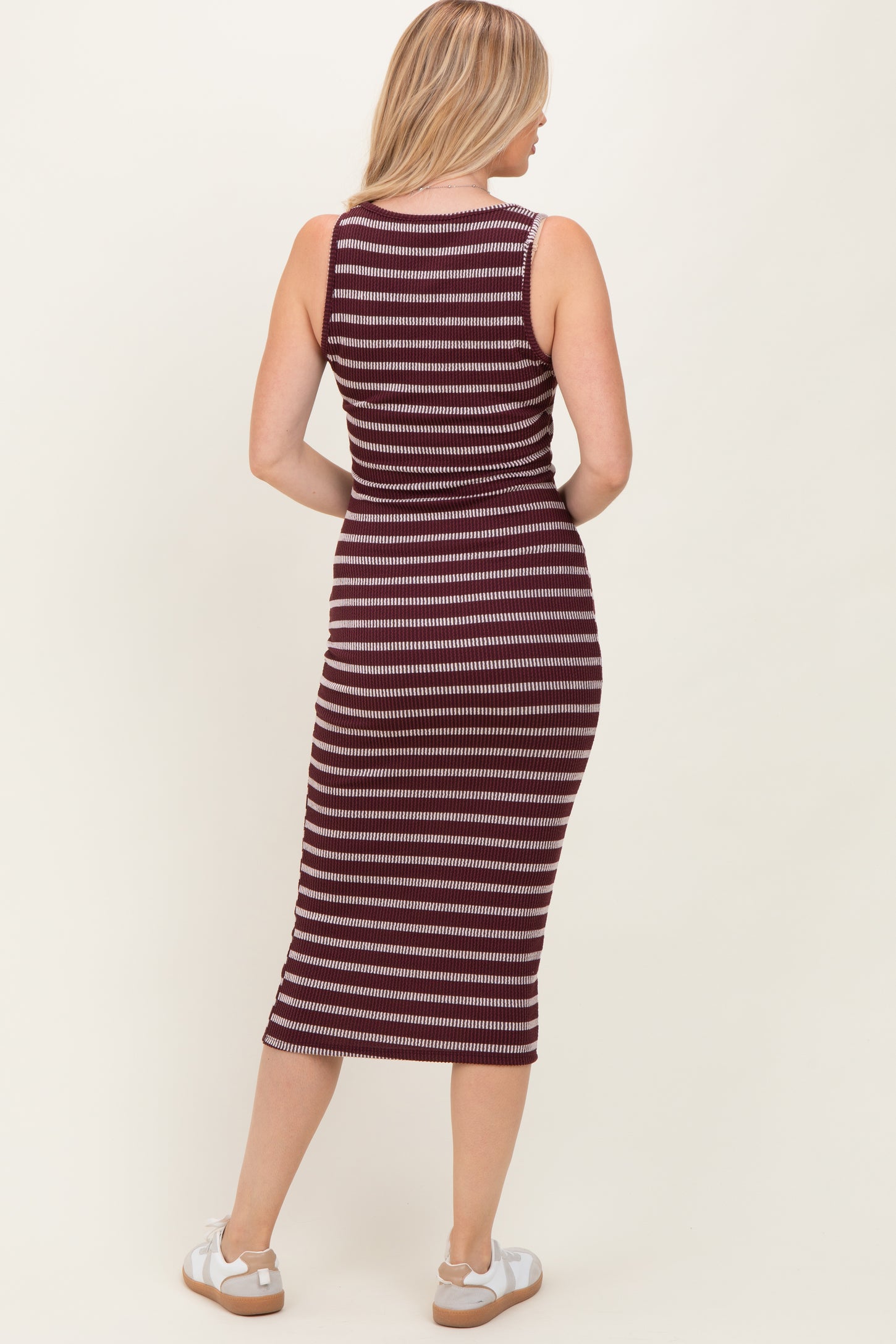 Burgundy Stripe Ribbed Sleeveless V Neck Maxi Dress