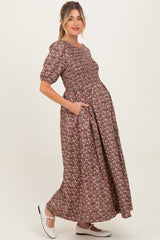 Mocha Floral Smocked Puff Sleeve Maternity Maxi Dress