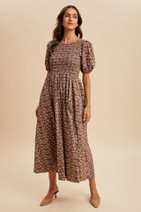 Mocha Floral Smocked Puff Sleeve Maternity Maxi Dress