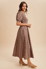 Mocha Floral Smocked Puff Sleeve Maxi Dress