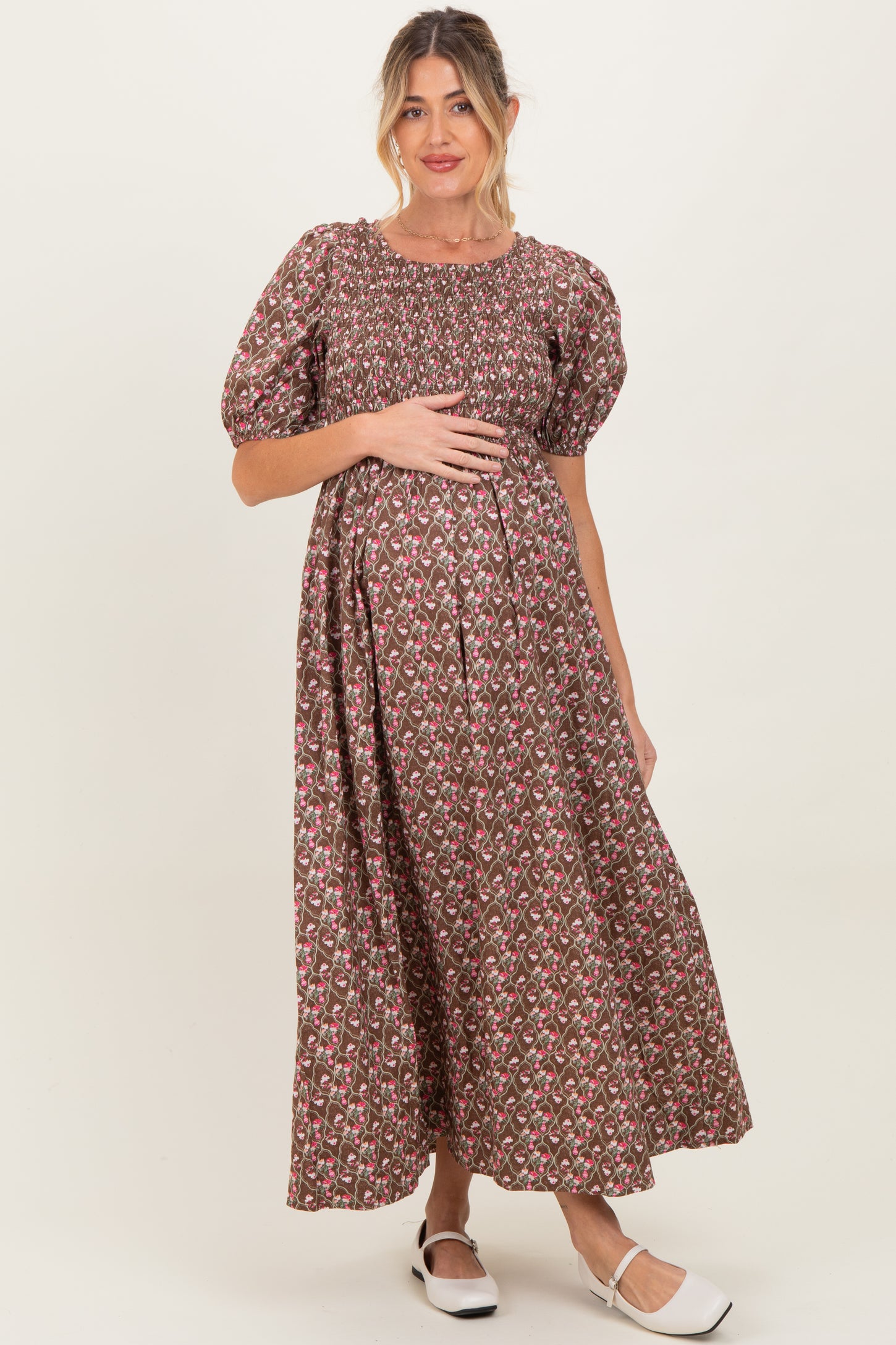 pink blush maternity floral maxi dress Pink Floral Smocked Ruffle Tiered Maternity Maxi Dress