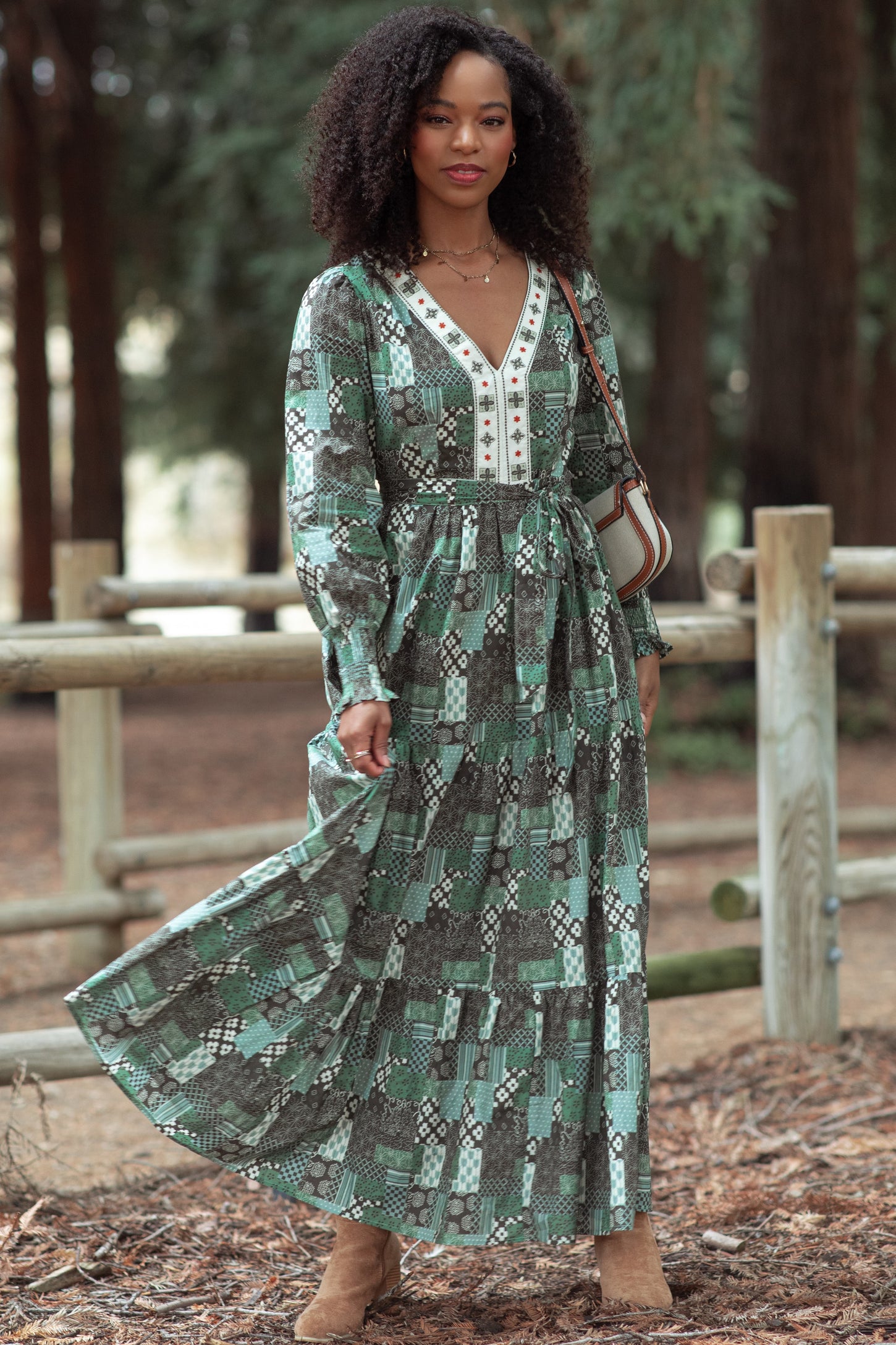 Olive Patchwork Print Tiered Long Sleeve Maternity Maxi Dress Olive Patchwork Print Tiered Long Sleeve Maternity Maxi Dress