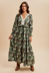Olive Patchwork Print Tiered Long Sleeve Maxi Dress