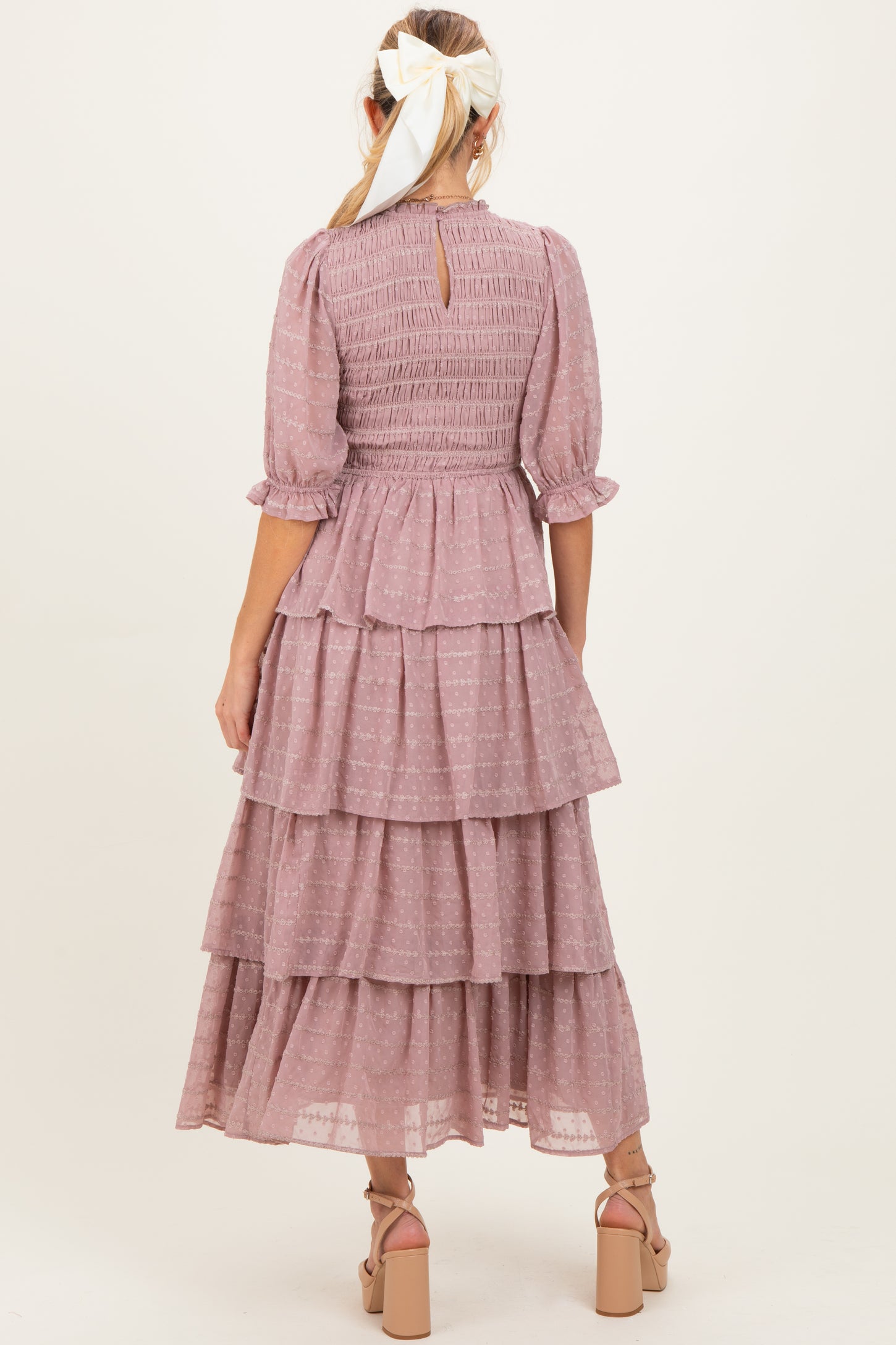 Mauve Smocked Swiss Dot Tiered Maternity Maxi Dress – PinkBlush