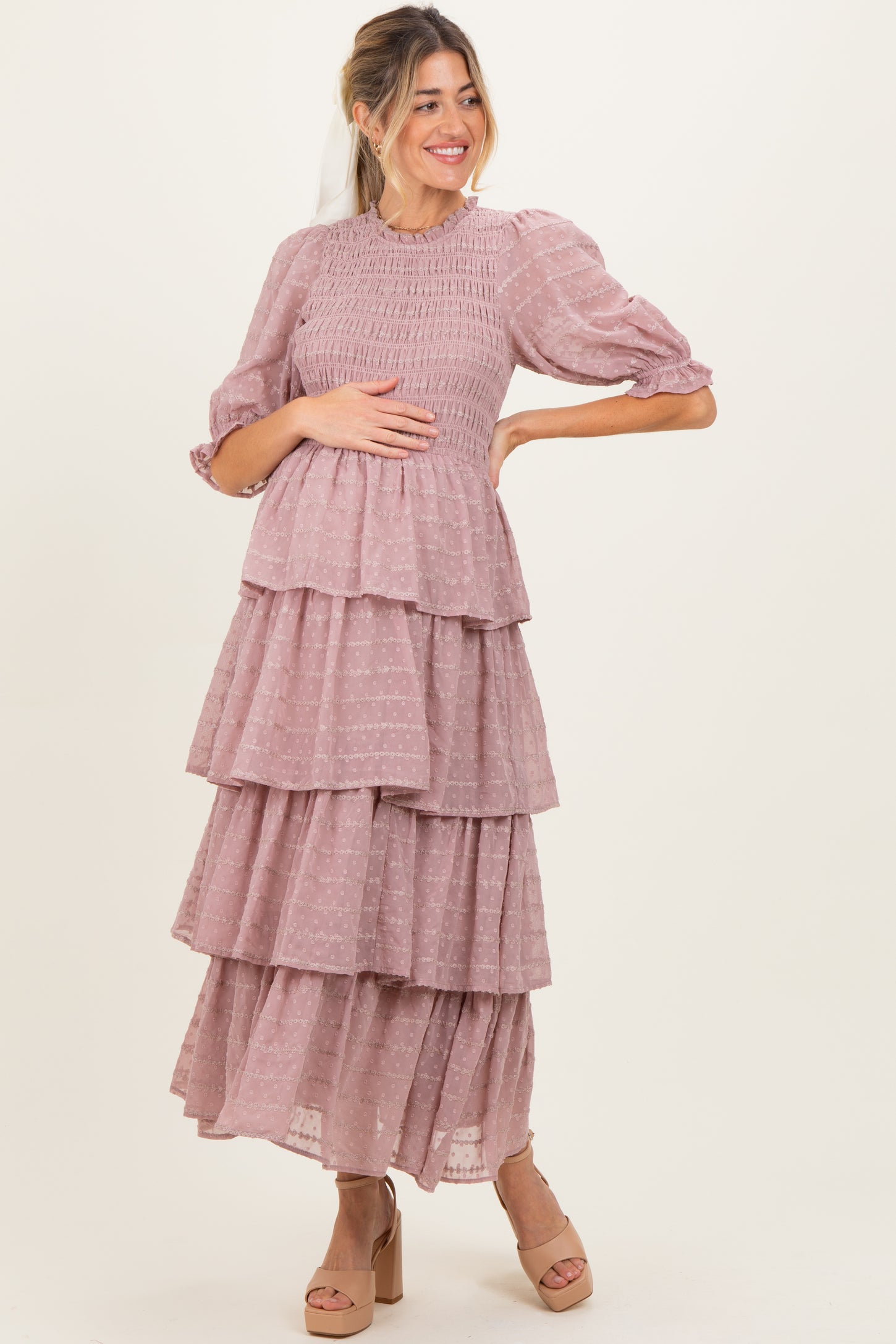 Mauve Smocked Swiss Dot Tiered Maternity Maxi Dress – PinkBlush