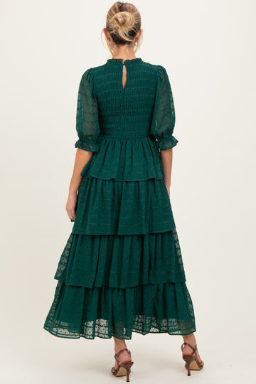 Forest Green Smocked Swiss Dot Tiered Maternity Maxi Dress