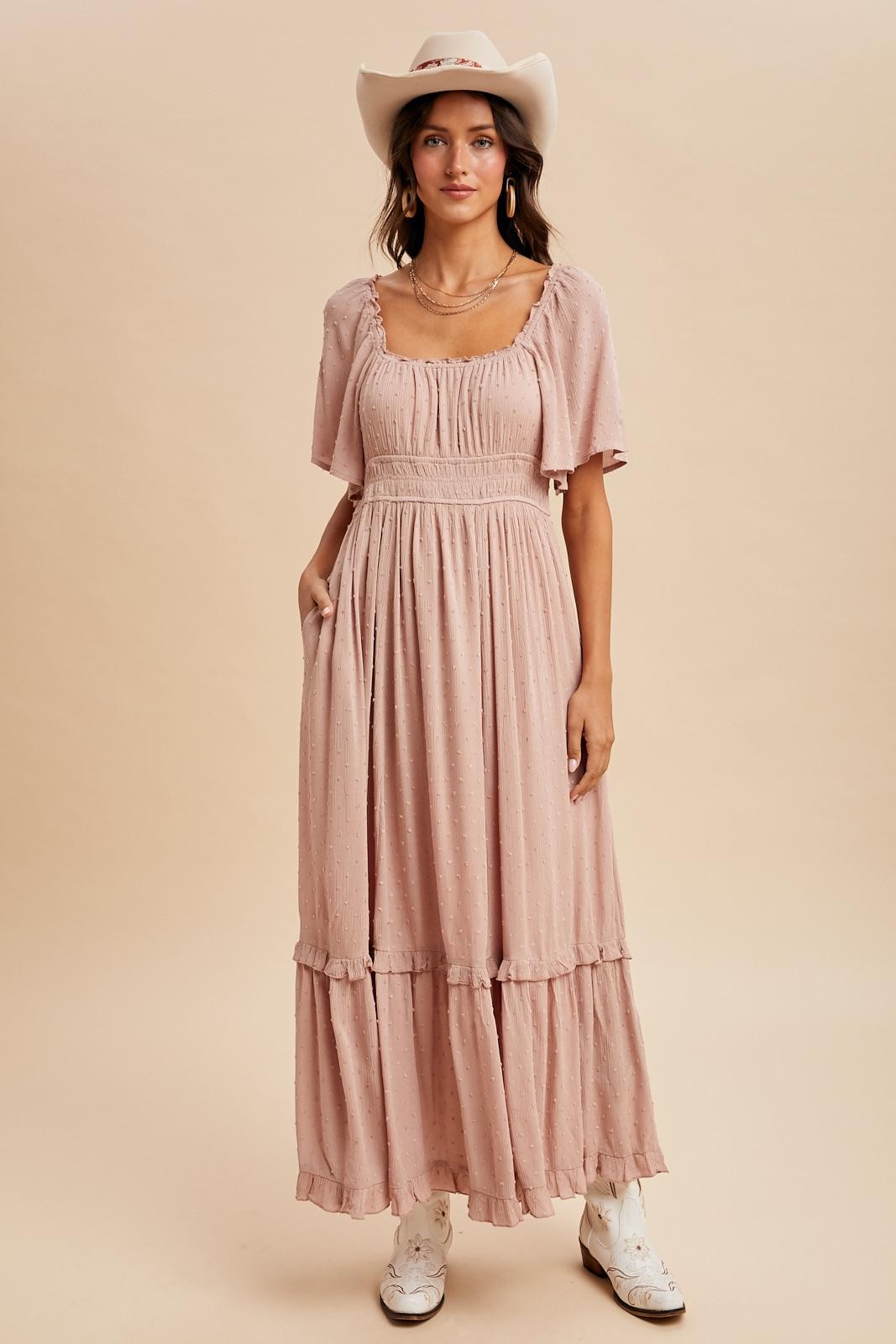 Light Pink Swiss Dot Ruffle Trim Maxi Dress