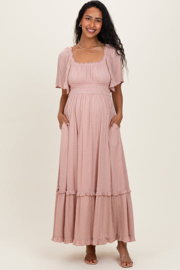 Light Pink Swiss Dot Ruffle Trim Maternity Maxi Dress